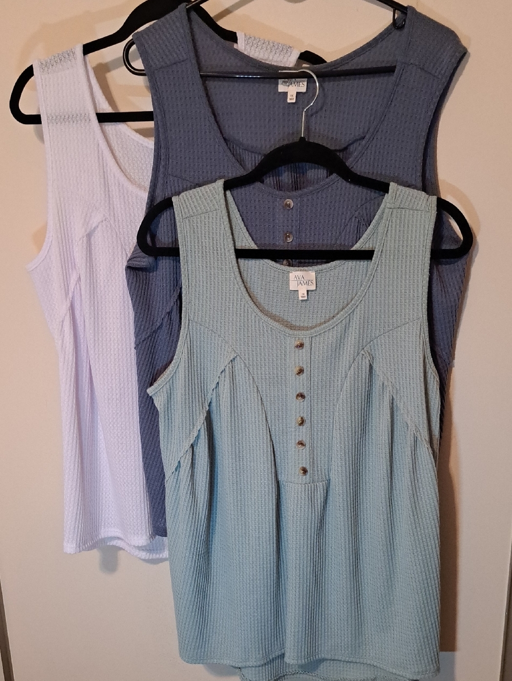 3 Ava James Mint Green, Blue And White Waffle-Knit Button Tank